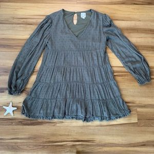 Francesca’s Blue Rain Women’s Tiered Swiss Dot Olive Green Dress, Size Small
